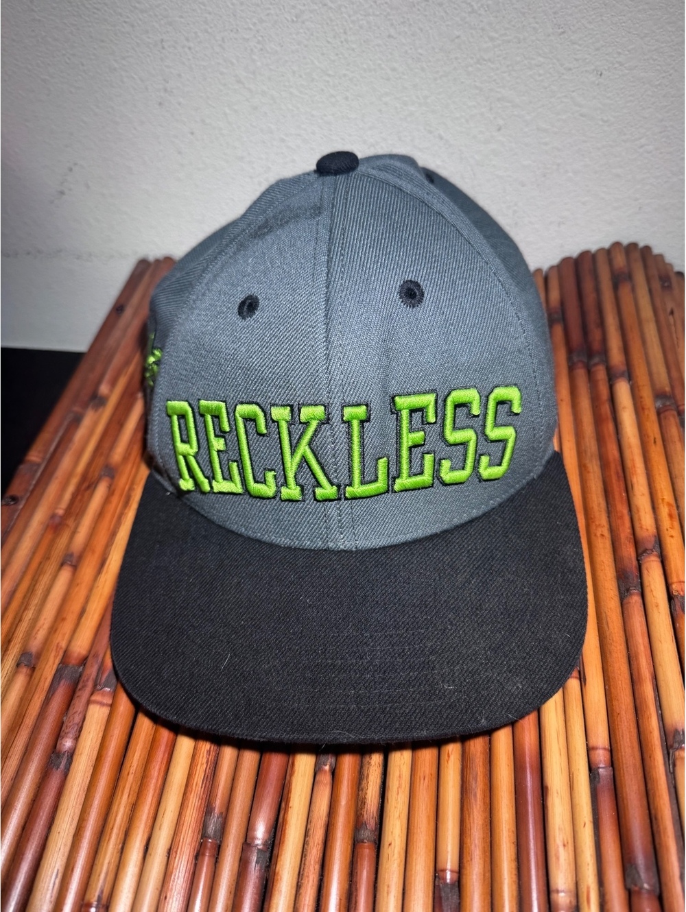 Young & Reckless RECKLESS Snapback Hat Gray Black Neon Green Embroidered Cap